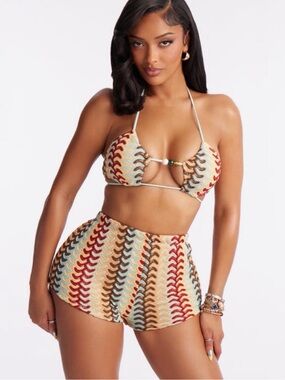 Fashion Nova Natasha 2 piece crotchet  bikini set with blue, brown, size XS NEW